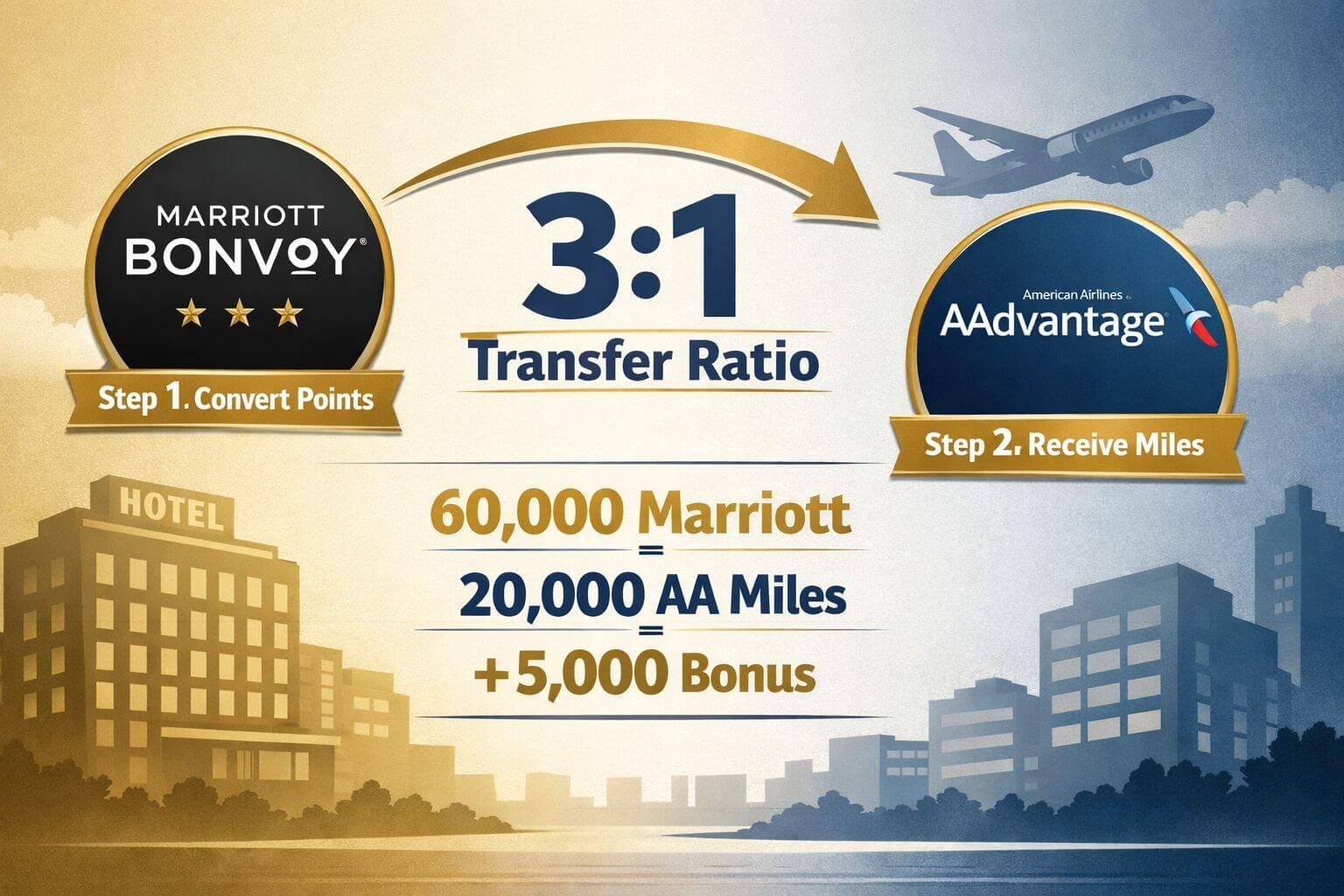Detailed () diagram showing Marriott Bonvoy hotel points icon on left connected by a curved arrow to AAdvantage miles icon