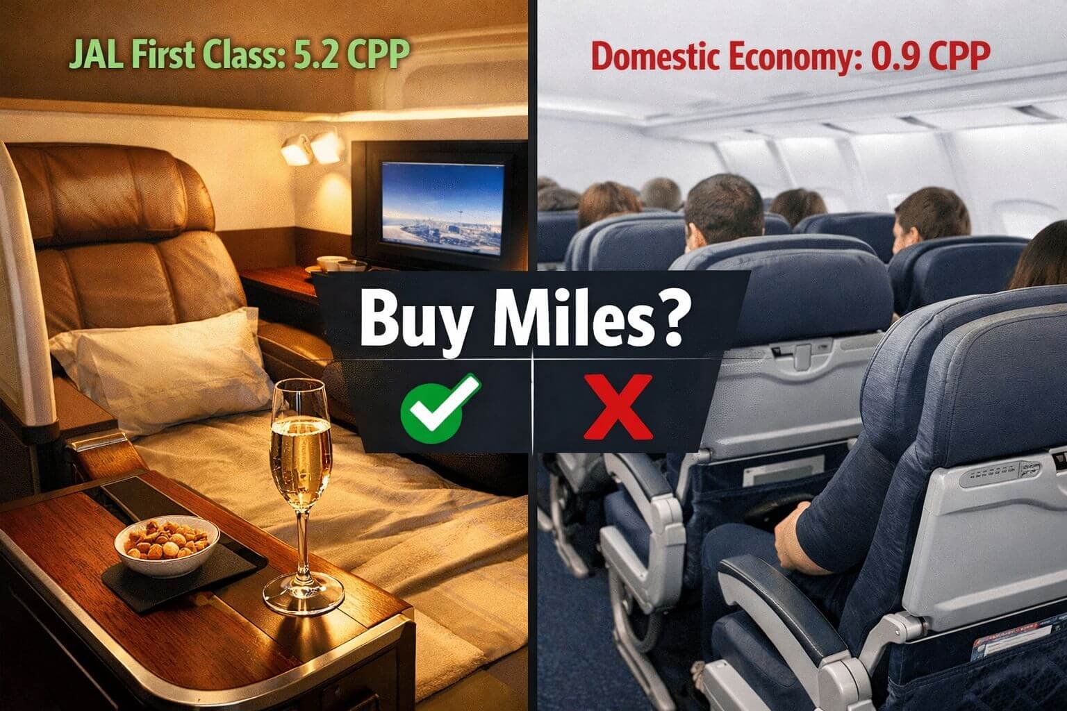 () split-screen comparison image. Left half shows a luxurious Japan Airlines first class suite with warm lighting and