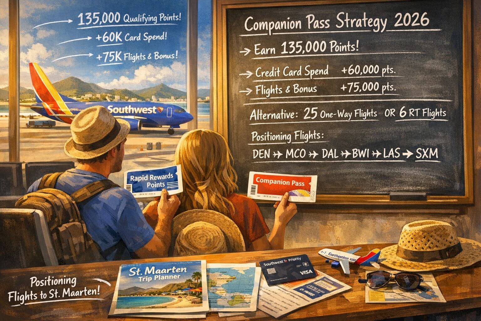 Concept illustration focused on Southwest St. Maarten flights 2026 Companion Pass strategy. Show two travelers at an airport