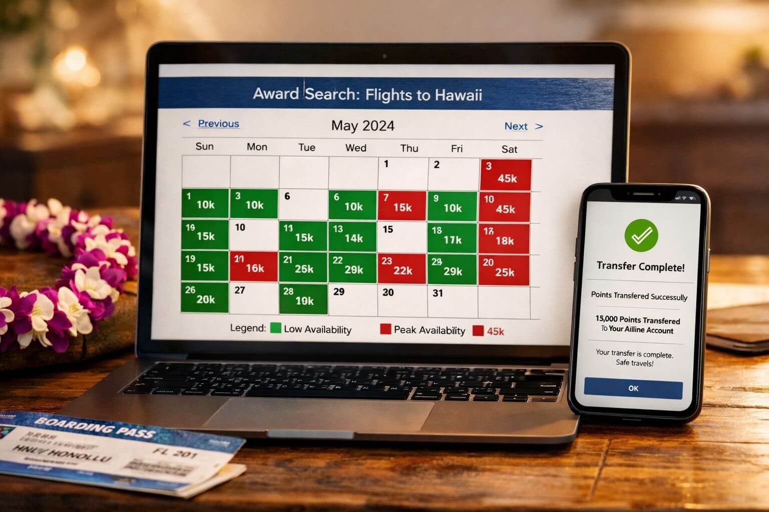 Detailed () image of a laptop screen on a wooden desk displaying an airline award search calendar with green highlighted