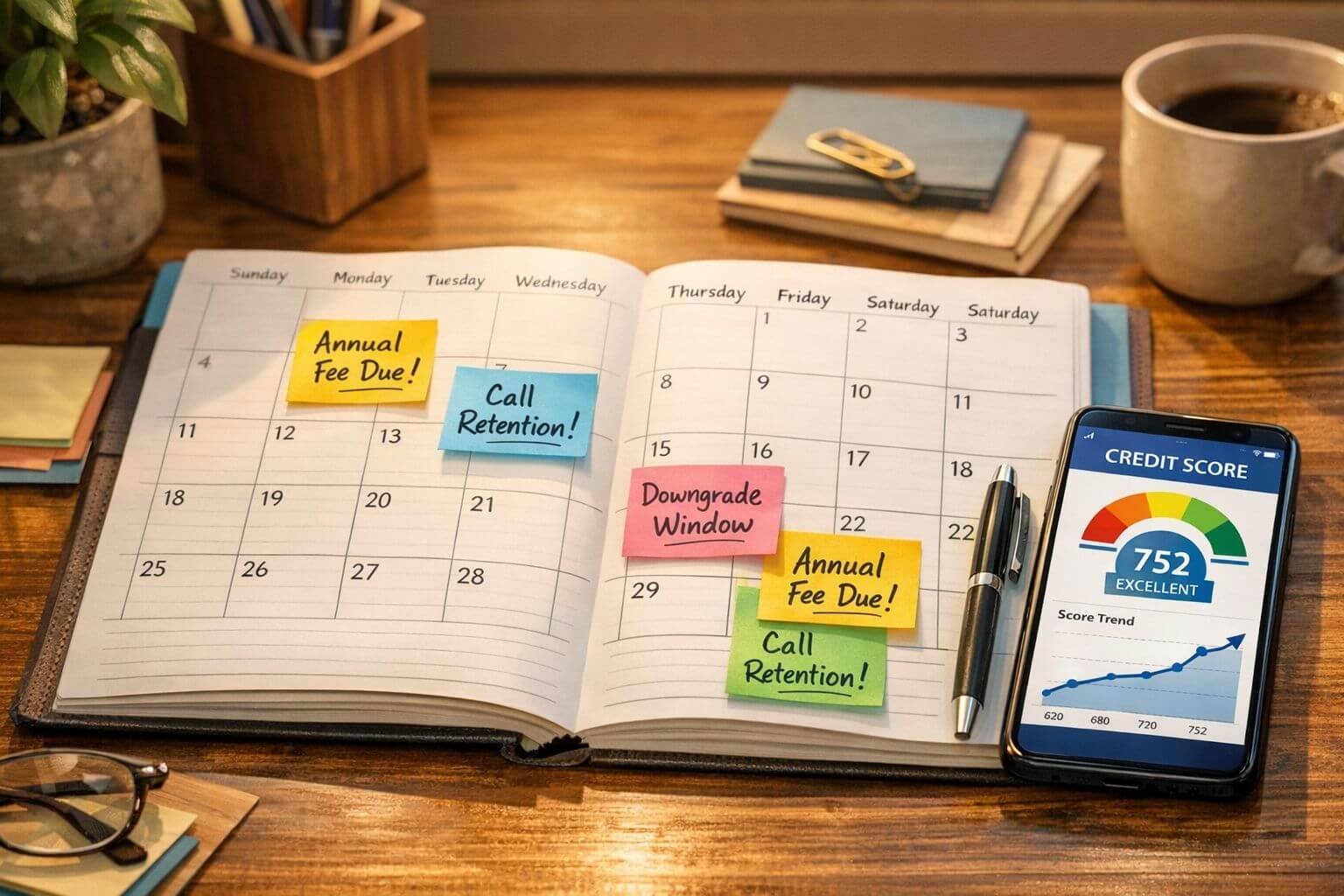 Travel credit card downgrade strategies: cut annual fees without killing your points Detailed () image of a calendar planner open to a monthly spread with sticky notes marking 'Annual Fee Due' dates, 'Call