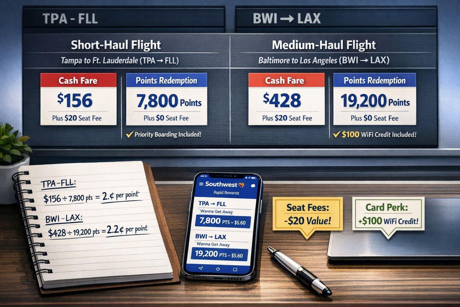 Analytical travel rewards visual showing a split-screen comparison of cash fare versus points redemption for two sample