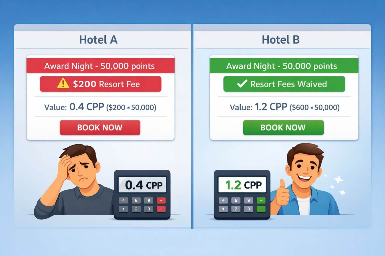 () conceptual split-screen illustration comparing two booking scenarios: left side shows hotel booking interface with 'Award