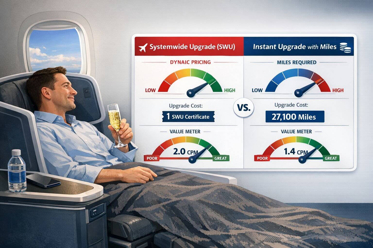 () concept illustration showing a business class seat upgrade scenario: a traveler in a premium cabin flat-bed seat with a