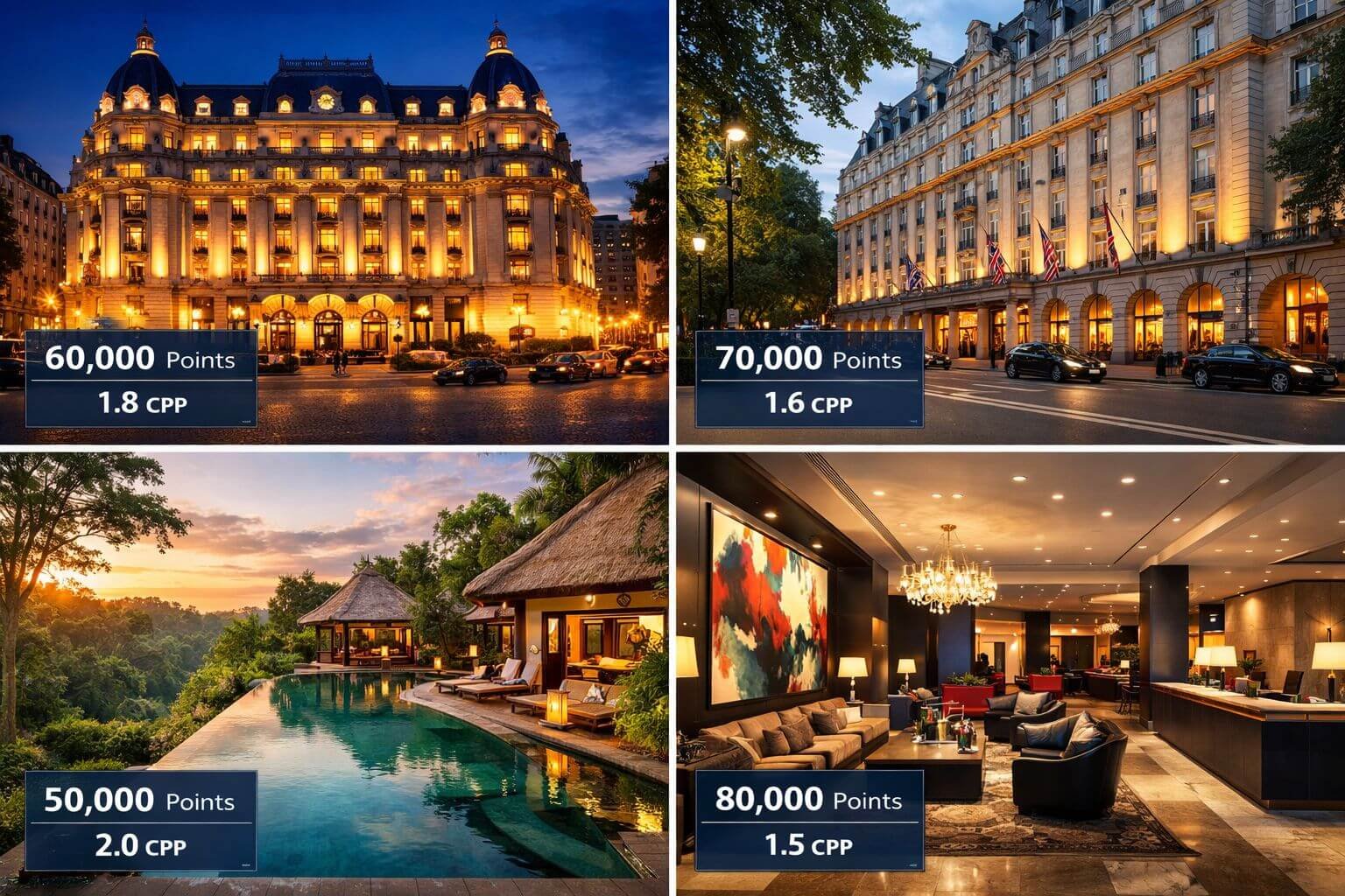 () split-panel comparison image showing four luxury hotel exterior and interior vignettes arranged in a 2x2 grid: top-left