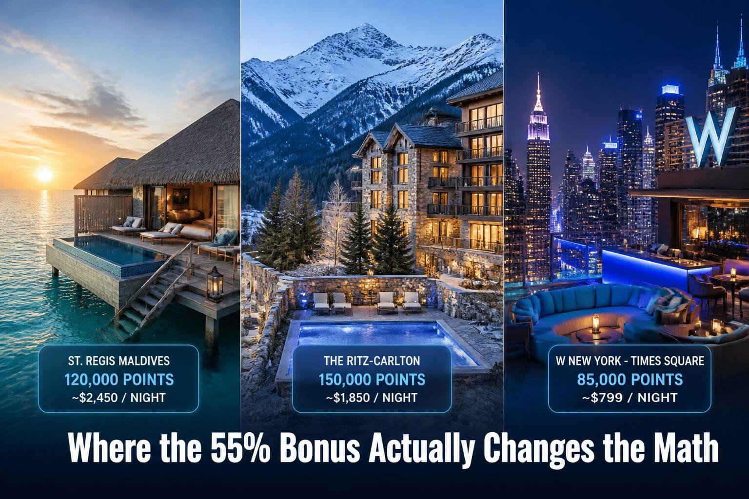 () split-scene travel photography showing three distinct luxury Marriott property vignettes arranged in a triptych: left