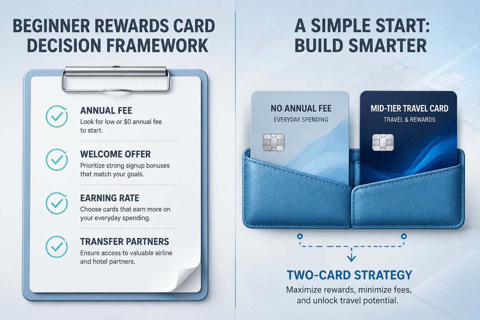 () split-screen comparison visual showing a beginner rewards card decision framework. Left panel: a clean checklist on a