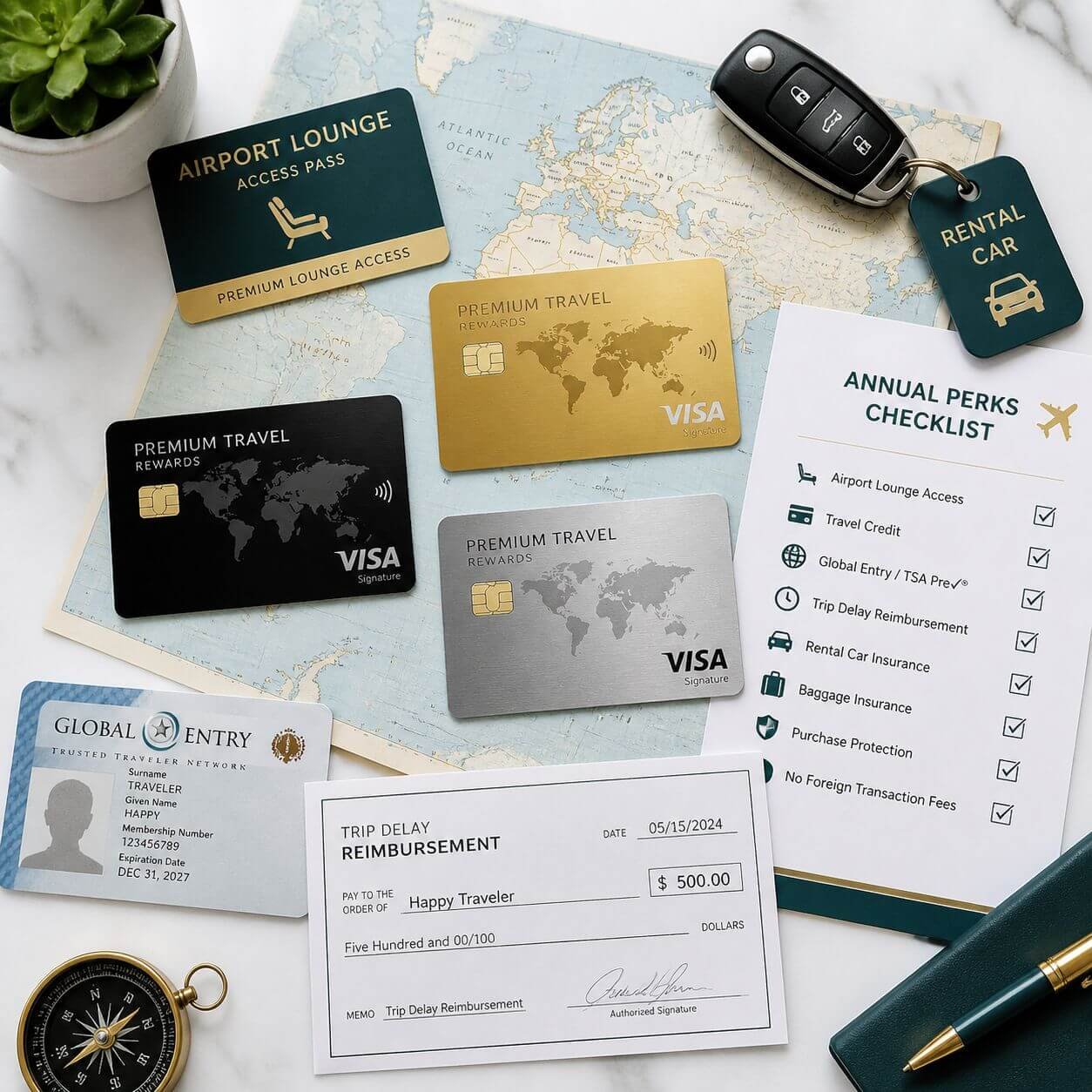 Flat-lay overhead shot of a modern desk with three premium travel credit cards (metallic gold, black, and silver generic