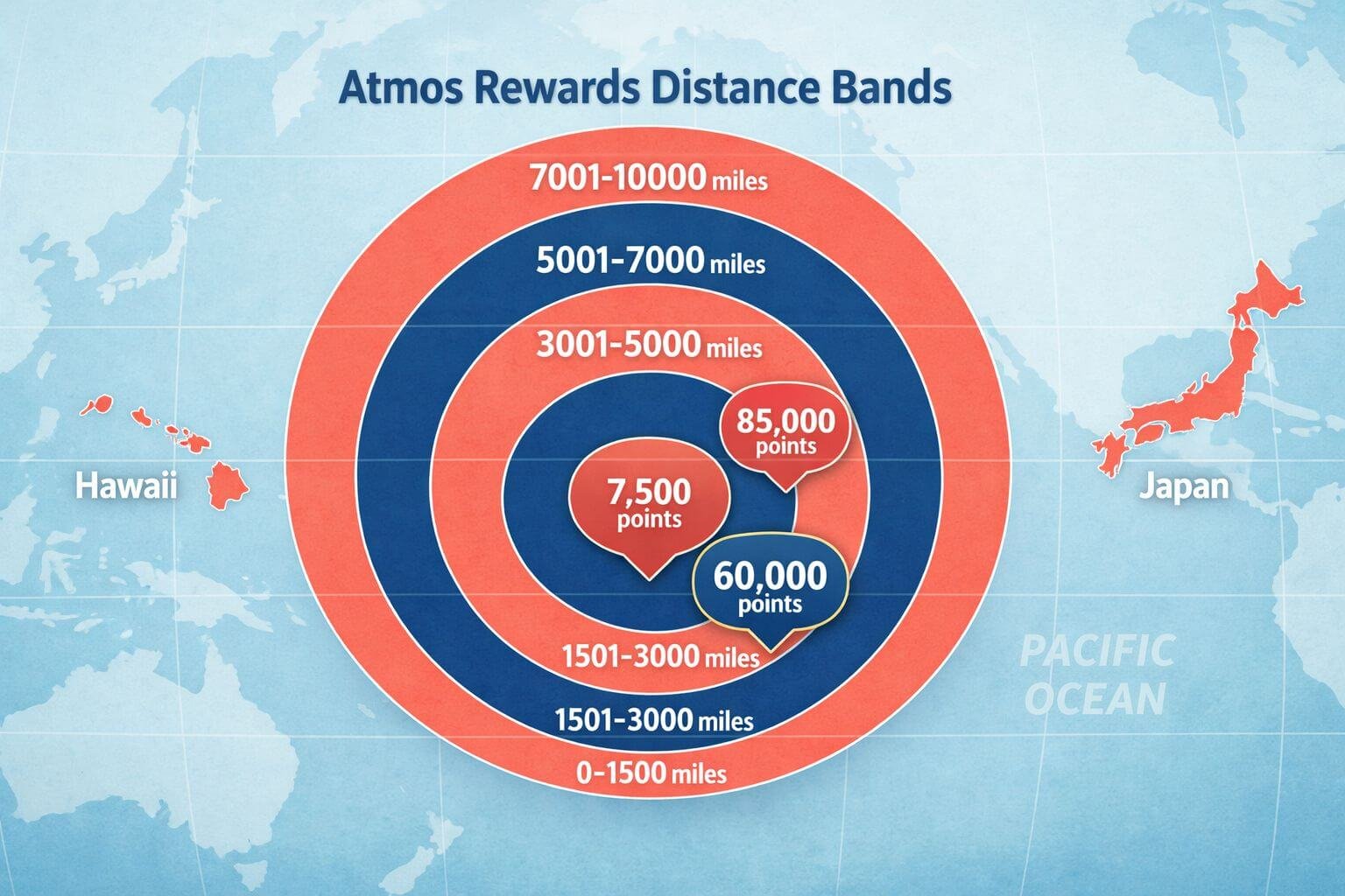 Landscape editorial infographic showing Atmos Rewards distance bands as concentric ring segments labeled 0-1500, 1501-3000,