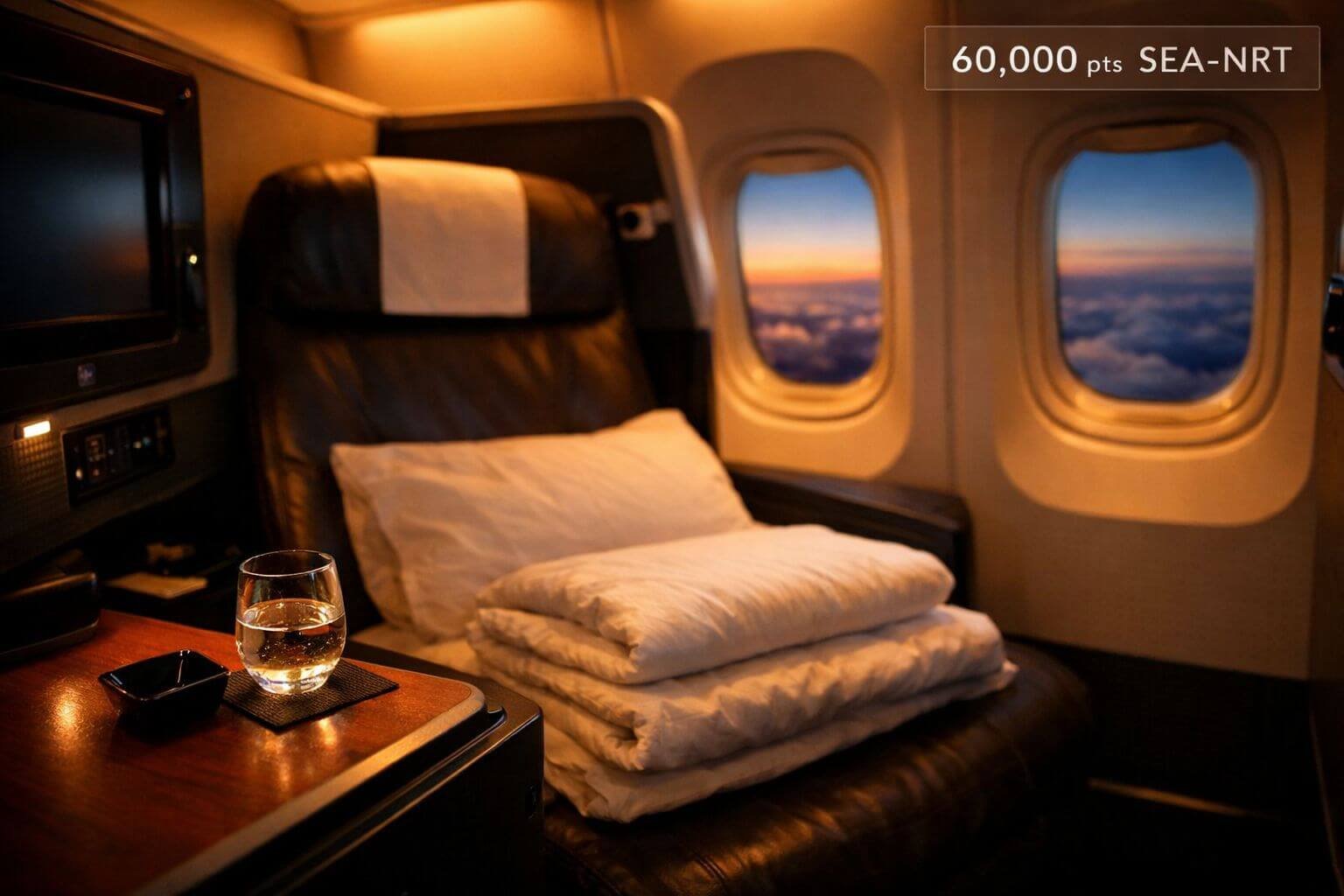 Landscape photo-realistic scene of a Japan Airlines business class Sky Suite cabin at cruise, warm amber cabin lighting,