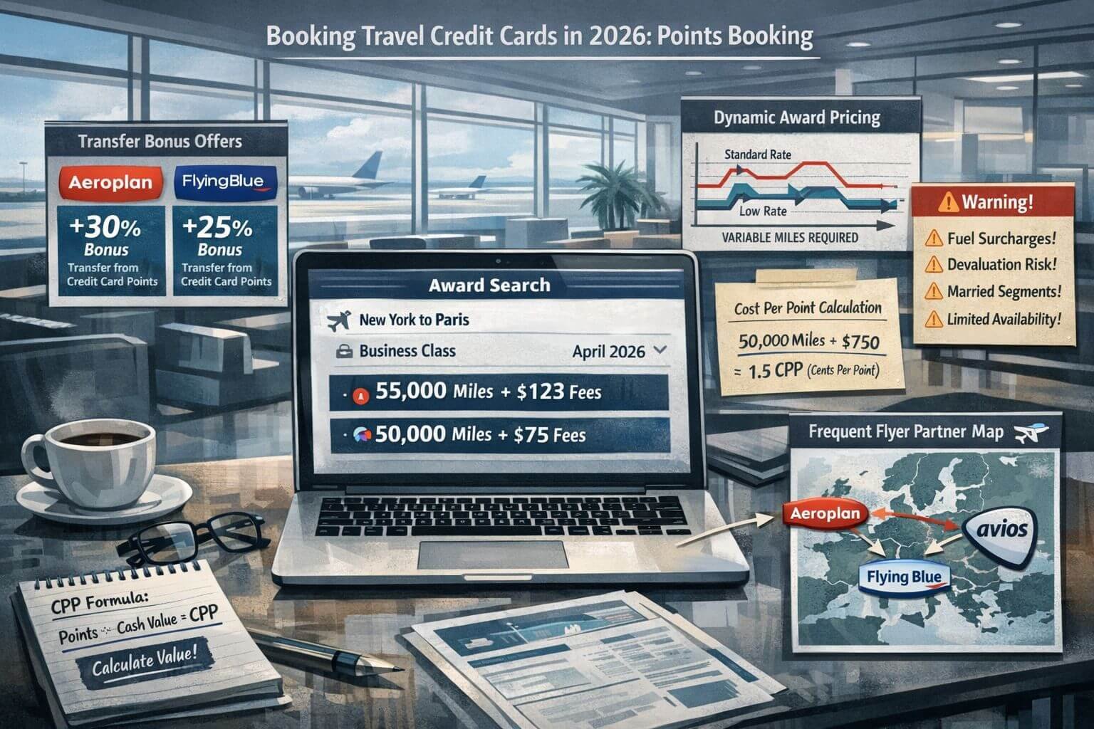 Professional booking strategy illustration for compare travel credit cards in 2026, featuring a laptop screen with an award