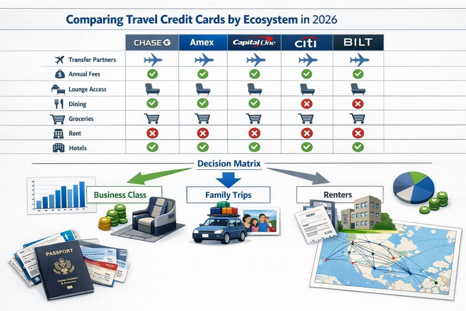 Professional infographic-style editorial image focused on how to compare travel credit cards by ecosystem in 2026. Overhead