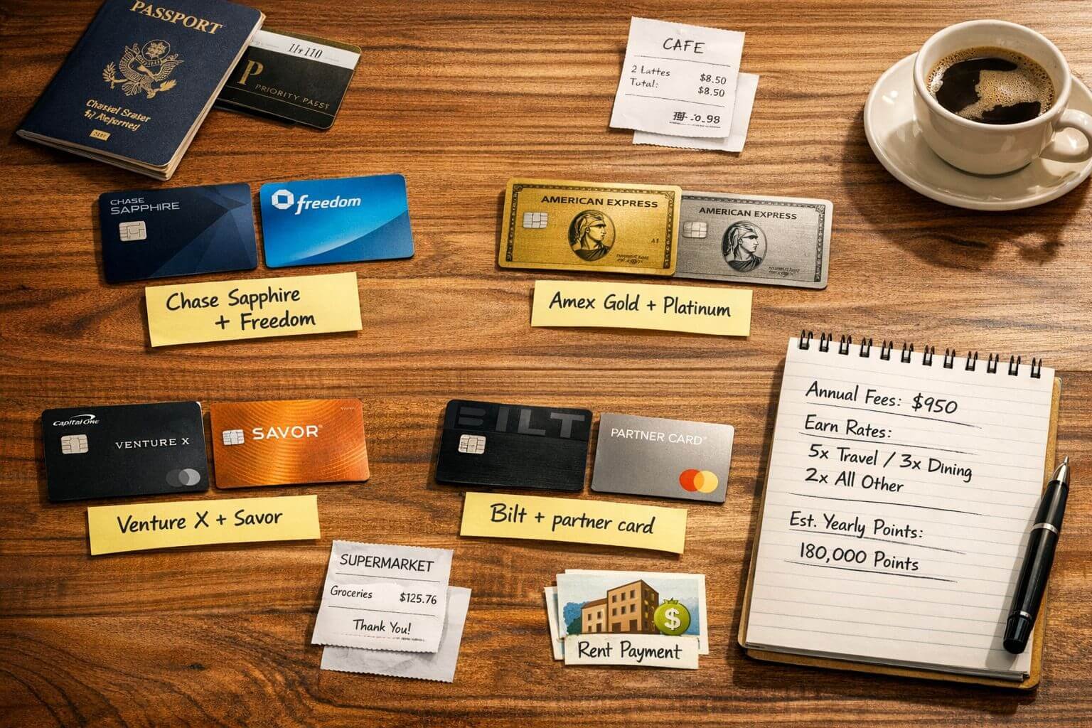 Professional scene showing four 2-card and 3-card wallet setups laid out on a wooden table, each grouped with sticky labels