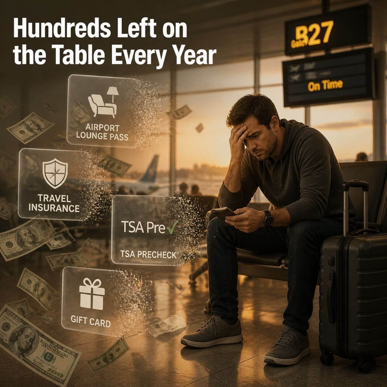 Wide-angle editorial illustration showing a frustrated traveler at an airport gate surrounded by floating dollar bill icons