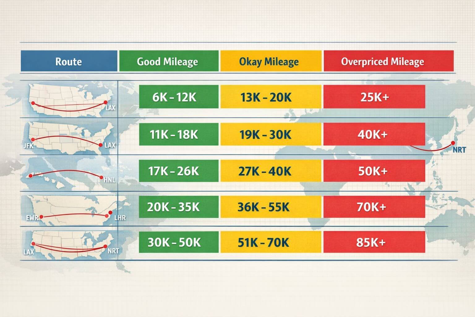 () comparison table visualization showing popular US routes (SFO-LAX, JFK-LAX, ORD-HNL, EWR-LHR, LAX-NRT) as rows with