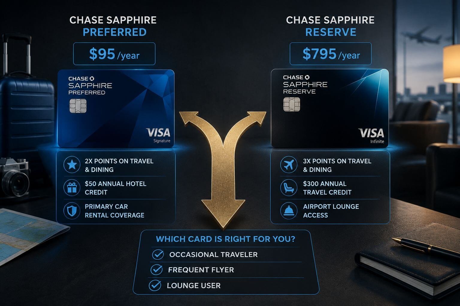 () editorial concept image showing a side-by-side card comparison visual: Chase Sapphire Preferred card on the left labeled
