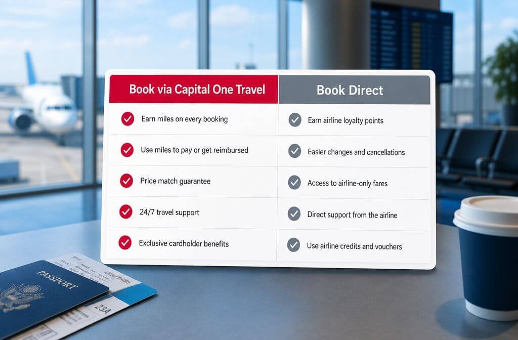 () editorial decision-framework visual showing a T-shaped comparison table floating above a blurred airport gate background.