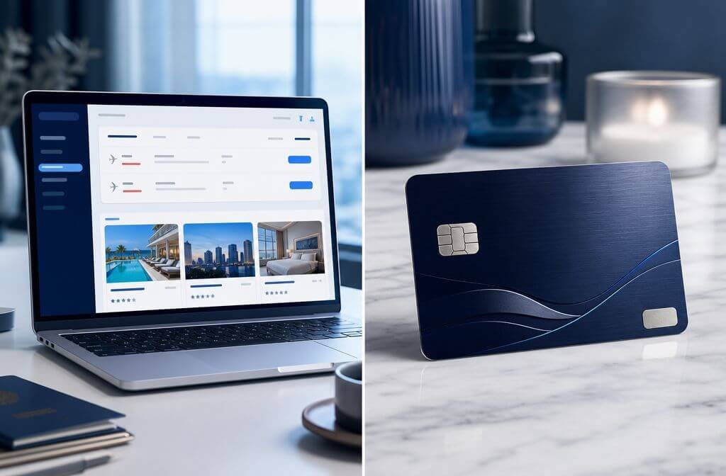 () editorial illustration showing a split-screen comparison: left side displays the Capital One Travel portal interface on a