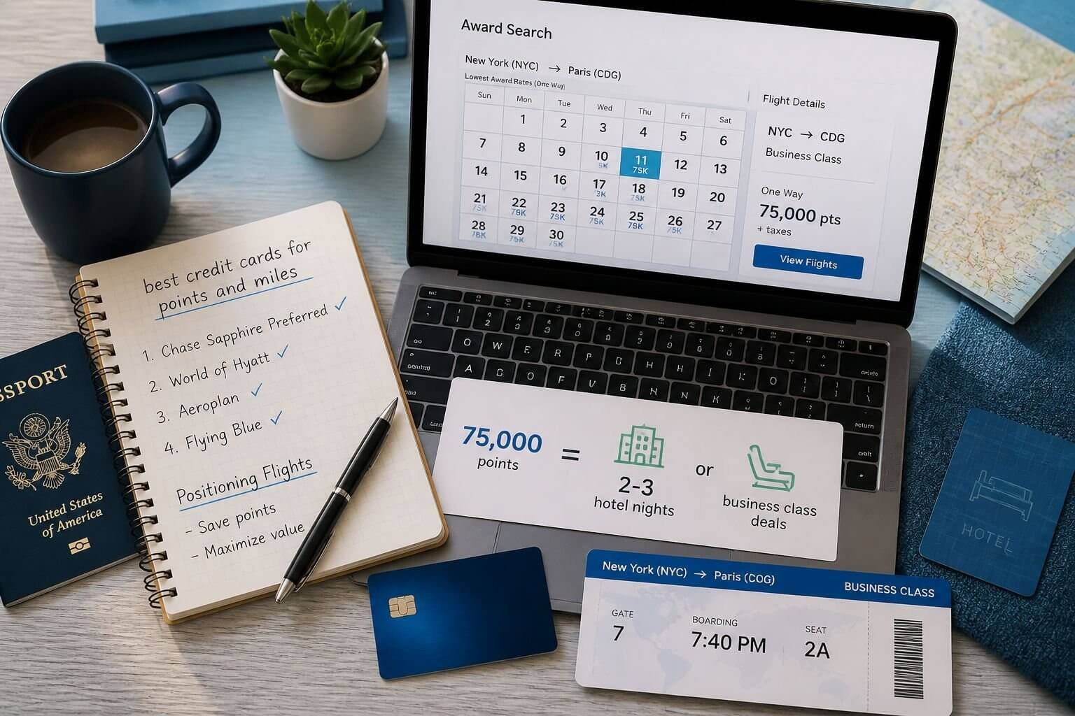 Best Credit Cards for Points and Miles 2026: Top Picks by Spending Style () editorial image for the section "Best Overall" showing an overhead desk setup with a traveler planning award travel: