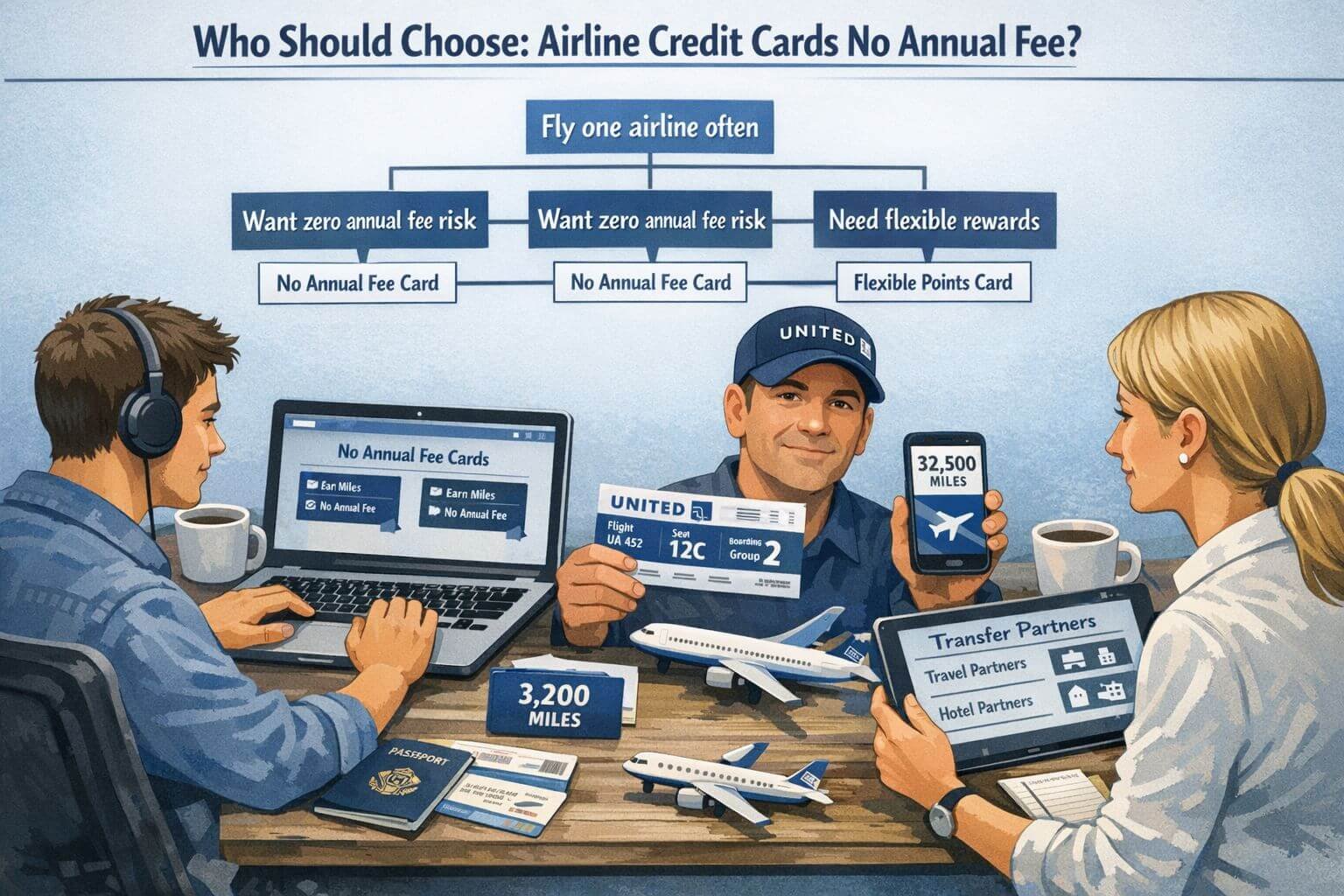 Best Airline Credit Cards With No Annual Fee in 2026 () editorial infographic scene focused on who should choose airline credit cards no annual fee. Show a desk from a slightly