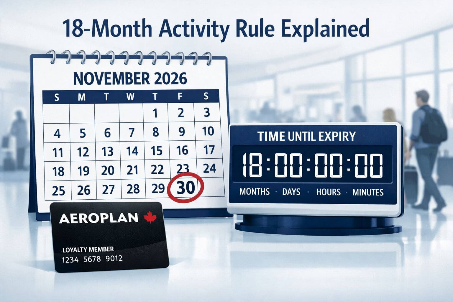 How Much Are Aeroplan Points Worth If They Never Expire? Keeping Your Miles Alive in 2026 () editorial infographic-style illustration showing a large wall calendar with November 30 2026 circled in red, an Aeroplan