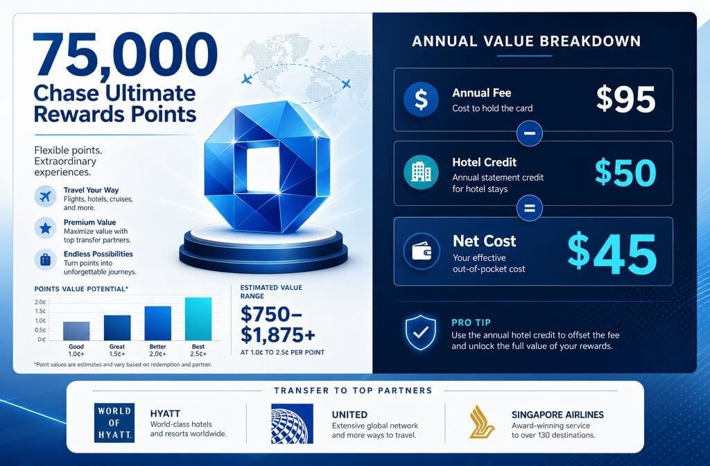 () editorial infographic-style image showing a split comparison table: left side displays '75,000 Chase Ultimate Rewards
