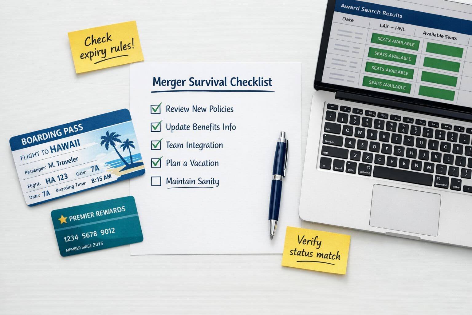 () flat-lay composition on a clean white desk surface showing: a printed checklist titled 'Merger Survival Checklist' with
