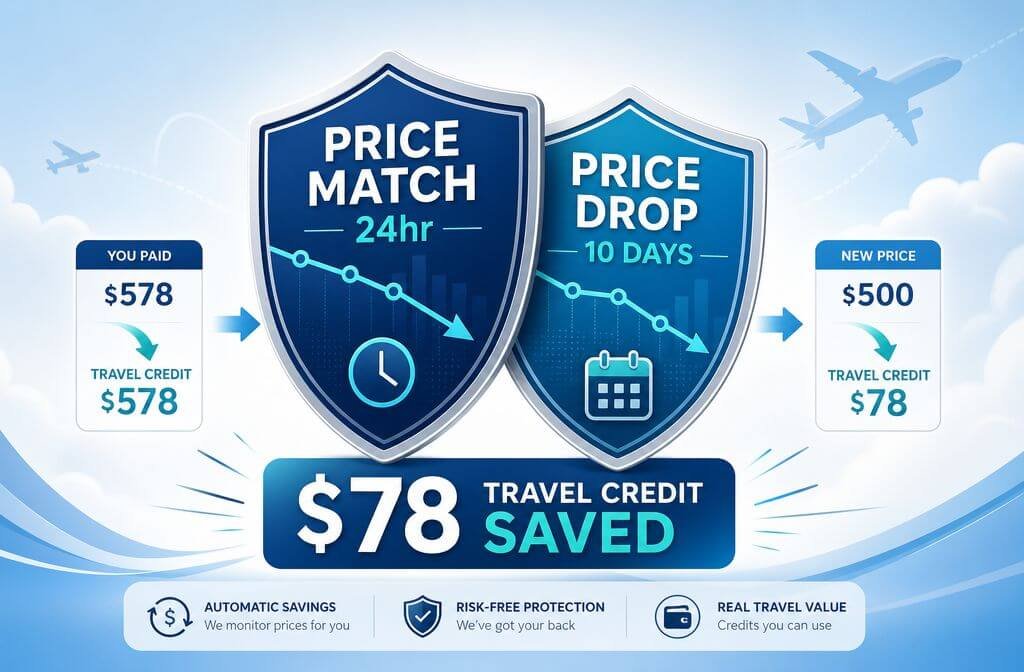 () infographic-style editorial image showing two overlapping shield icons — one labeled 'Price Match 24hr' and one labeled