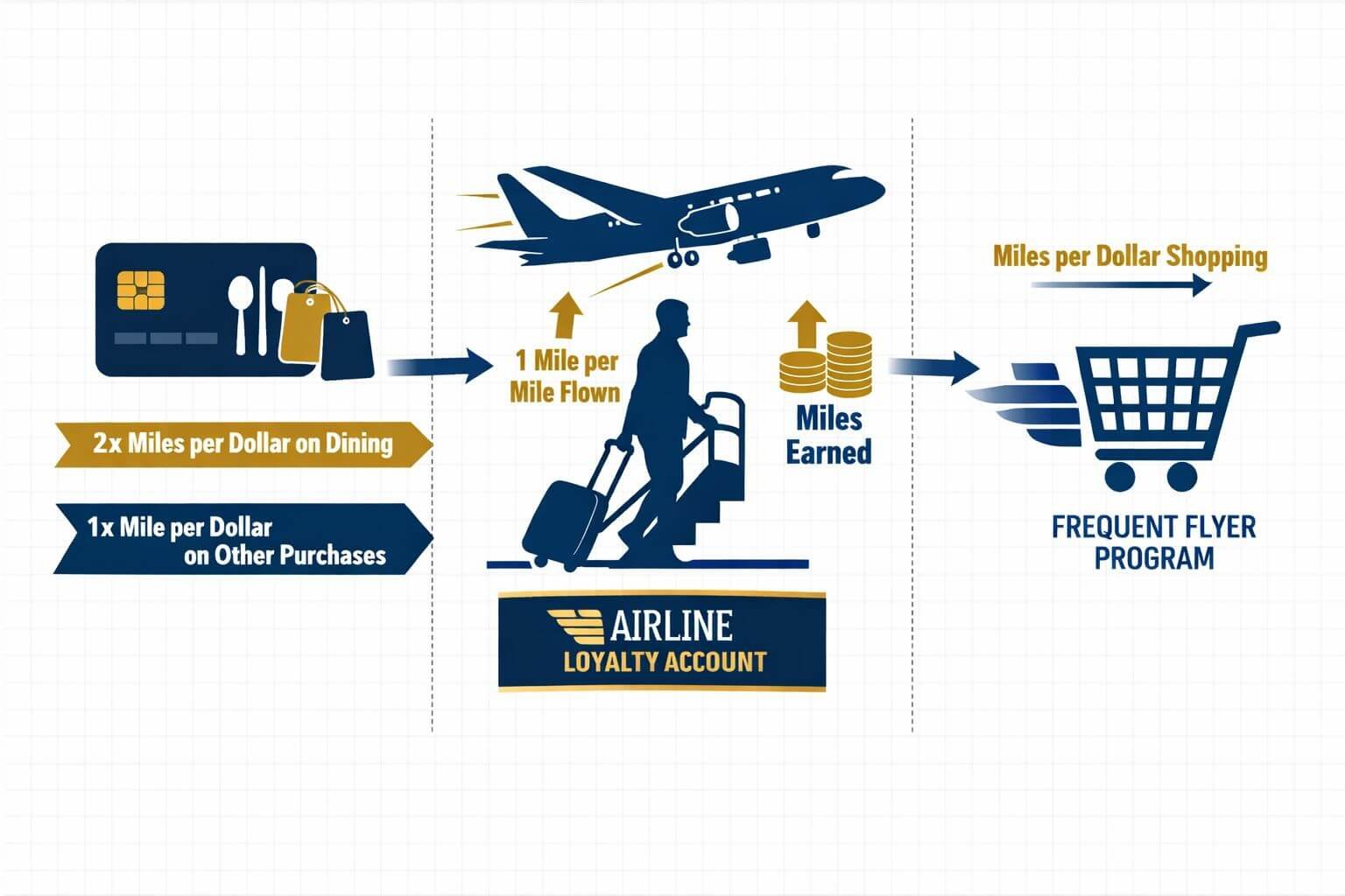 () infographic-style illustration showing three earning pathways for airline miles: a credit card with reward points flowing