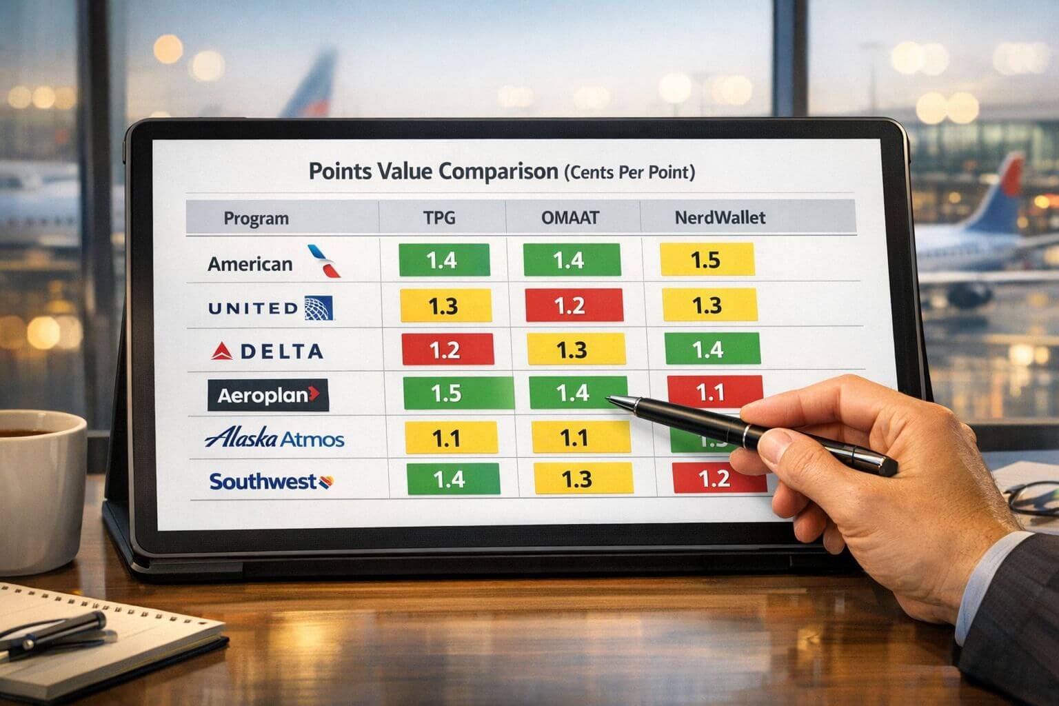 () infographic-style image showing a clean comparison table on a large tablet screen propped on a desk. The table displays