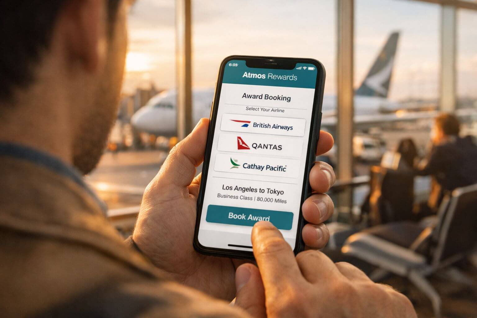 () over-the-shoulder perspective of a traveler at an airport gate using a smartphone showing the Atmos Rewards app