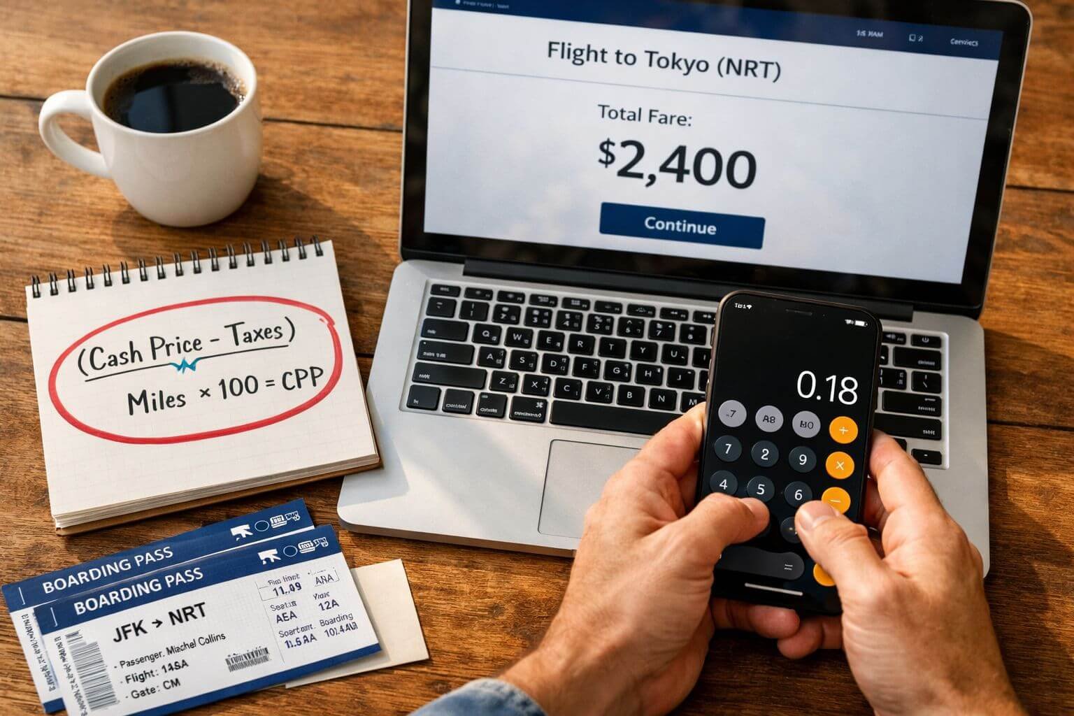 () overhead shot of a person's hands using a smartphone calculator app next to a laptop showing an airline booking page with