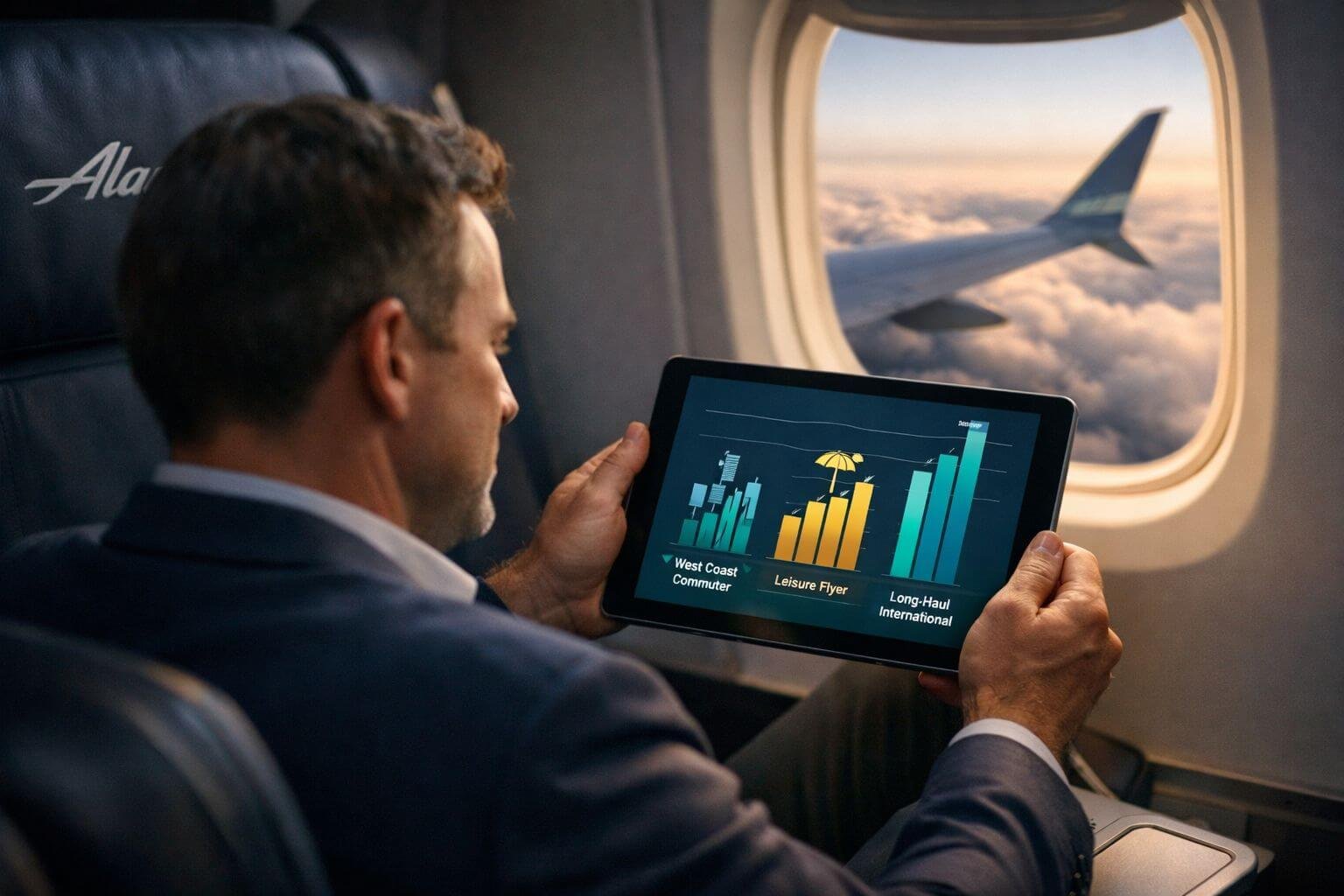 () scene featuring a well-dressed business traveler seated in an Alaska Airlines premium cabin window seat looking at a