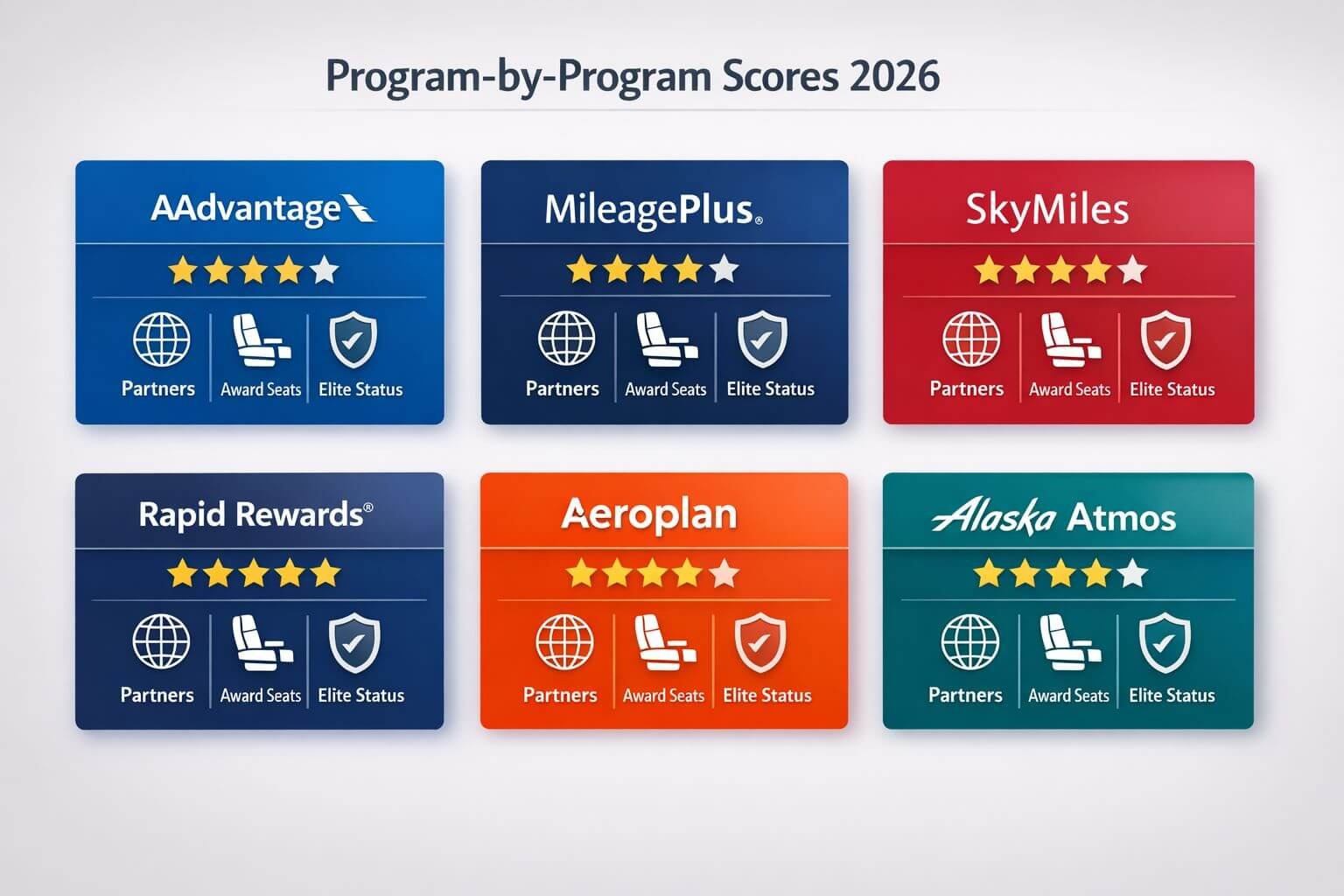 () side-by-side comparison visual showing six airline loyalty program cards arranged in two rows of three, each card