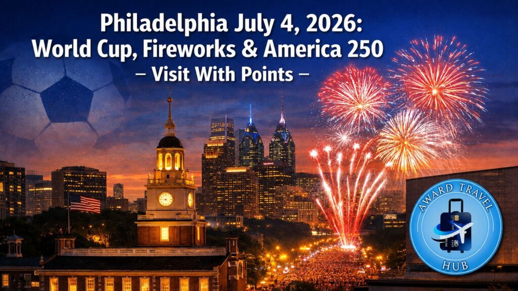 Philadelphia skyline at dusk with Independence Hall and vibrant fireworks celebrates Philadelphia July 4 2026, the World Cup, and America's 250th. City skyscrapers shine behind. Soccer ball and travel logo invite you to visit with points.