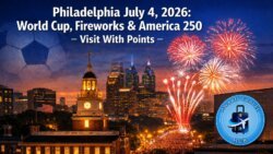 Philadelphia skyline at dusk with Independence Hall and vibrant fireworks celebrates Philadelphia July 4 2026, the World Cup, and America's 250th. City skyscrapers shine behind. Soccer ball and travel logo invite you to visit with points.