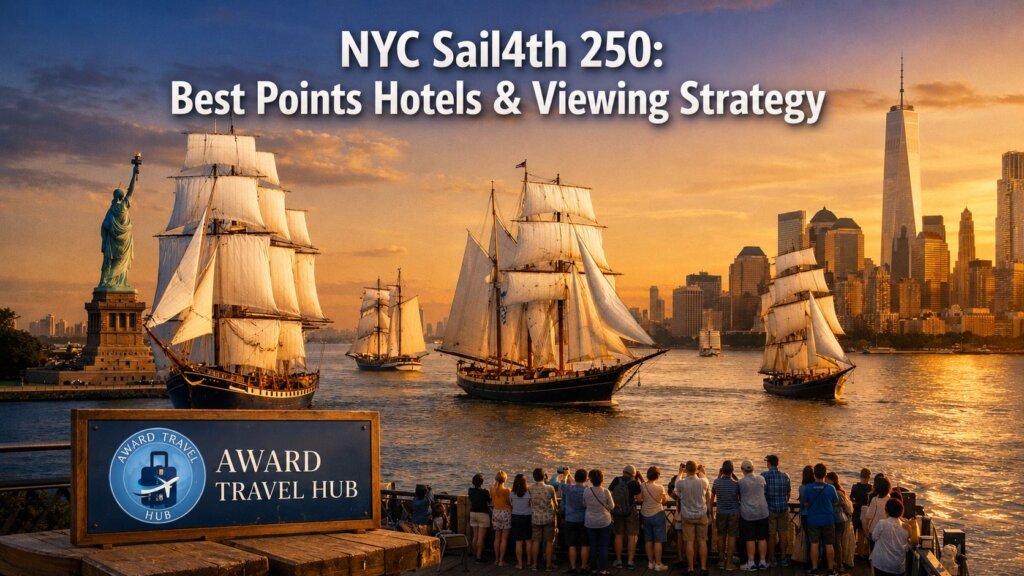 Tall ships parade past the Statue of Liberty at sunset with the NYC skyline behind. Onlookers gather along the waterfront. Text reads, "NYC Sail4th 250: Best Points Hotels & Viewing Strategy.