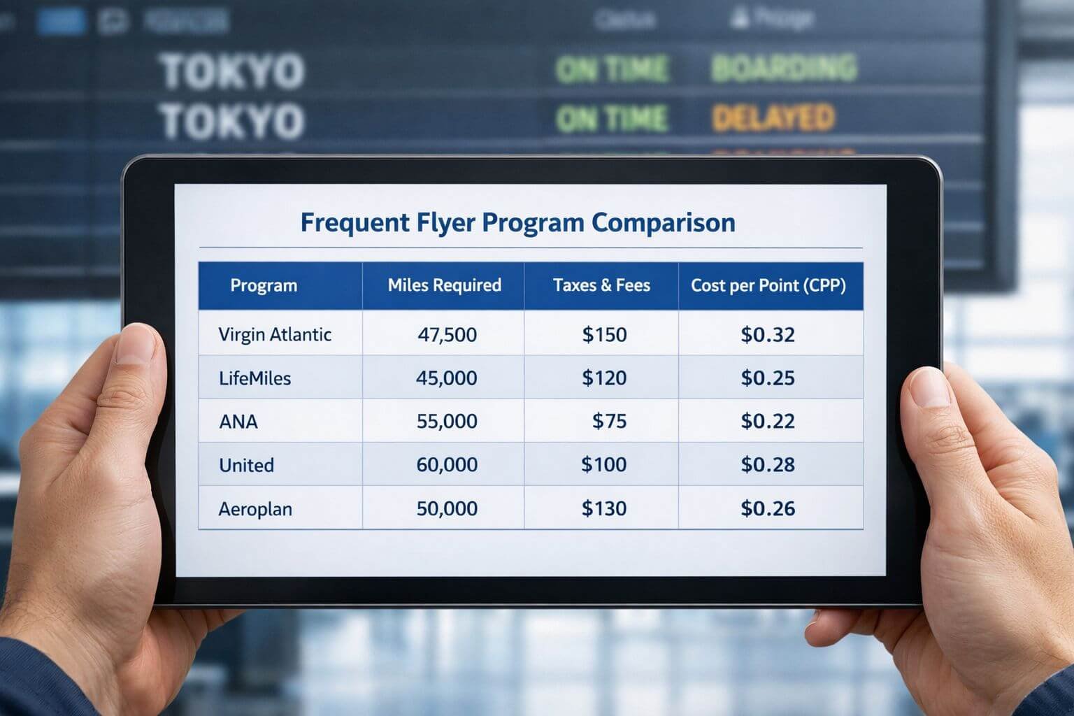 Finding Business Class Awards to Japan in 2026 After Devaluations Detailed () infographic-style image showing a large comparison matrix table on a digital tablet screen held by hands at an