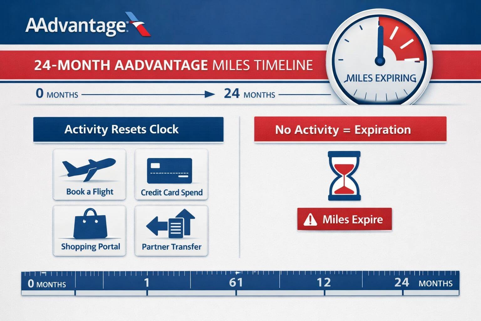 Detailed () infographic-style illustration showing a 24-month timeline calendar with AAdvantage miles logo, a clock icon