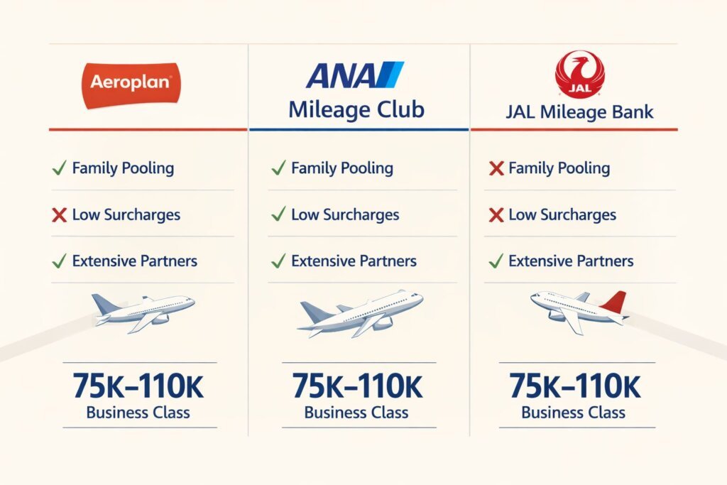 clean infographic-style comparison chart with three vertical columns labeled 'Aeroplan', 'ANA Mileage Club', and 'JAL