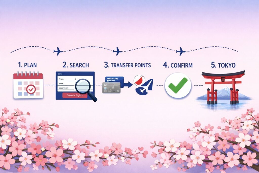  step-by-step workflow visualization showing a numbered five-step path from left to right: a calendar icon, a magnifying glass