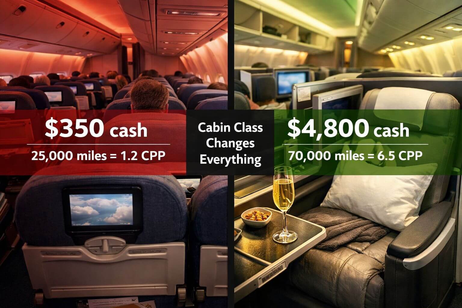 () split-screen concept illustration showing two booking scenarios side by side. Left side shows an economy class cabin
