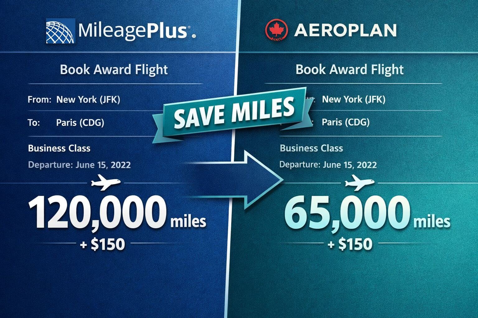 () split-screen concept image: left side shows United MileagePlus app interface with award booking screen and high mile