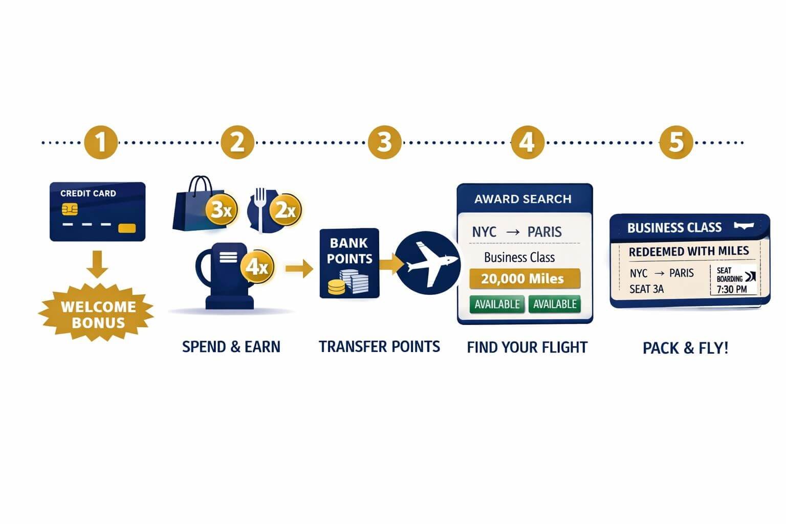 () step-by-step visual flowchart showing a beginner's journey from zero miles to a first free flight. Five numbered steps