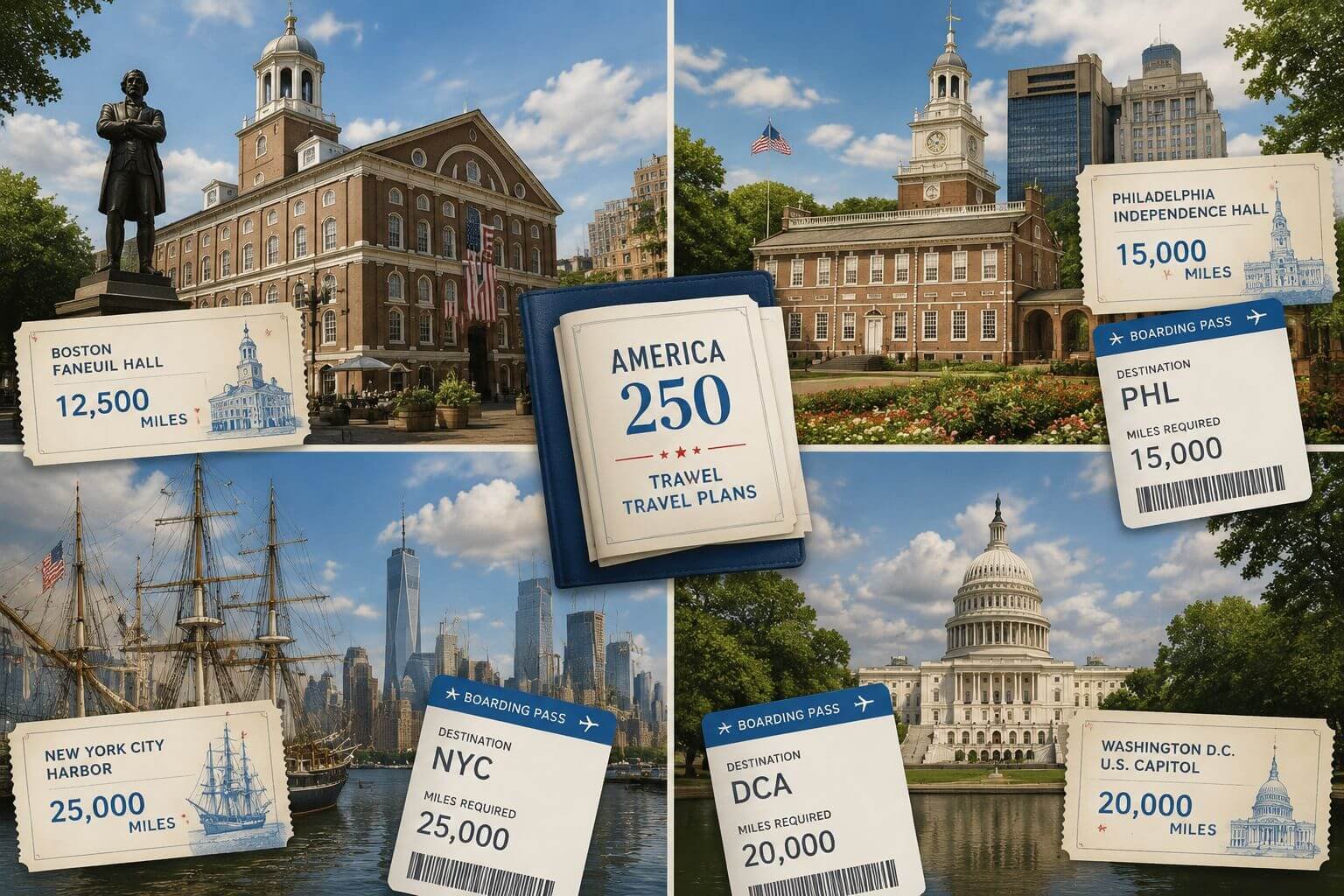Happy 250th, America: The Best Ways to Use Points and Miles to Celebrate July 4, 2026 Detailed () editorial illustration showing a split-scene comparison of four iconic American cities — Boston Faneuil Hall,