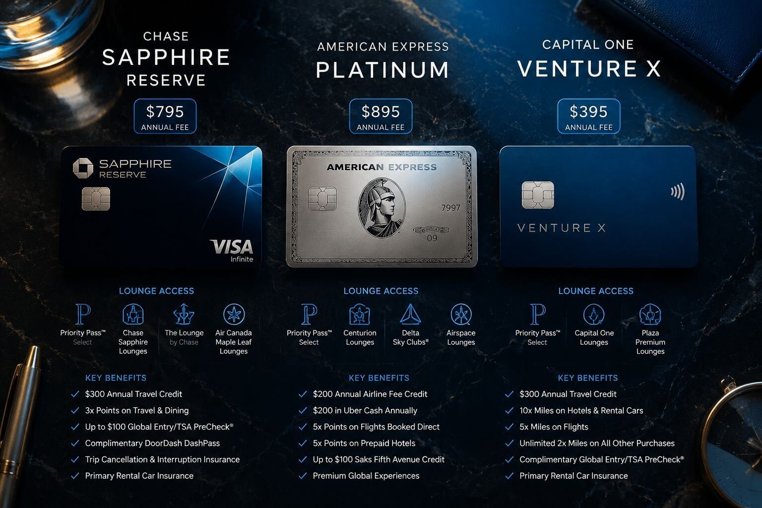 Detailed () side-by-side premium credit card comparison image showing three physical card mockups — Chase Sapphire Reserve,