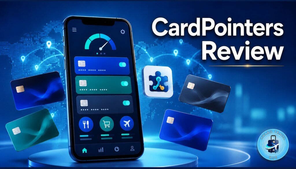 A smartphone displays a finance app surrounded by blue credit cards. The words CardPointers Review are on the right, highlighting an in-depth cardpointers review against a glowing world map background, with a logo featured in the bottom right corner.