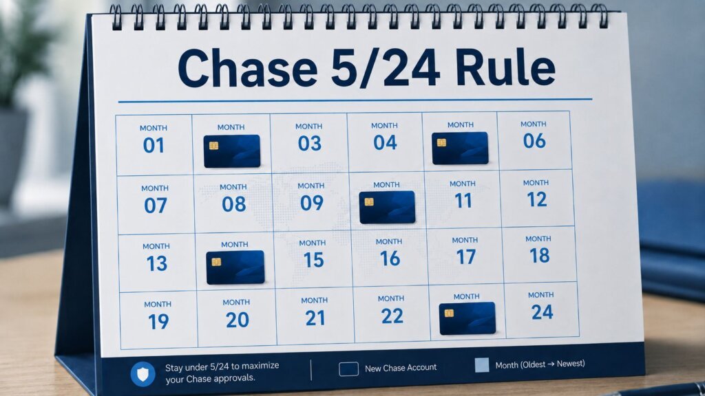 A desk calendar visually illustrates the Chase 5/24 Rule, displaying months 1 through 24 with icons representing credit cards. A clear legend highlights new and old accounts while advising users to stay under the Chase 5/24 Rule threshold for better chances of approval.