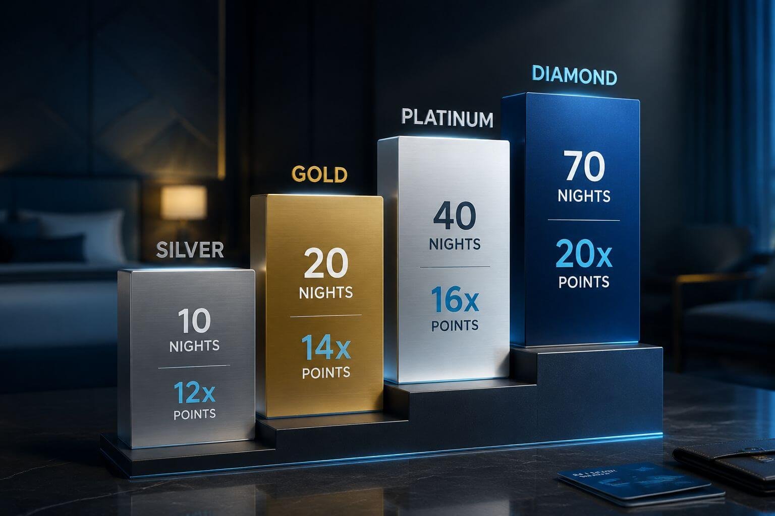 () comparison table visualization showing IHG elite status tiers — Silver, Gold, Platinum, Diamond — as ascending staircase