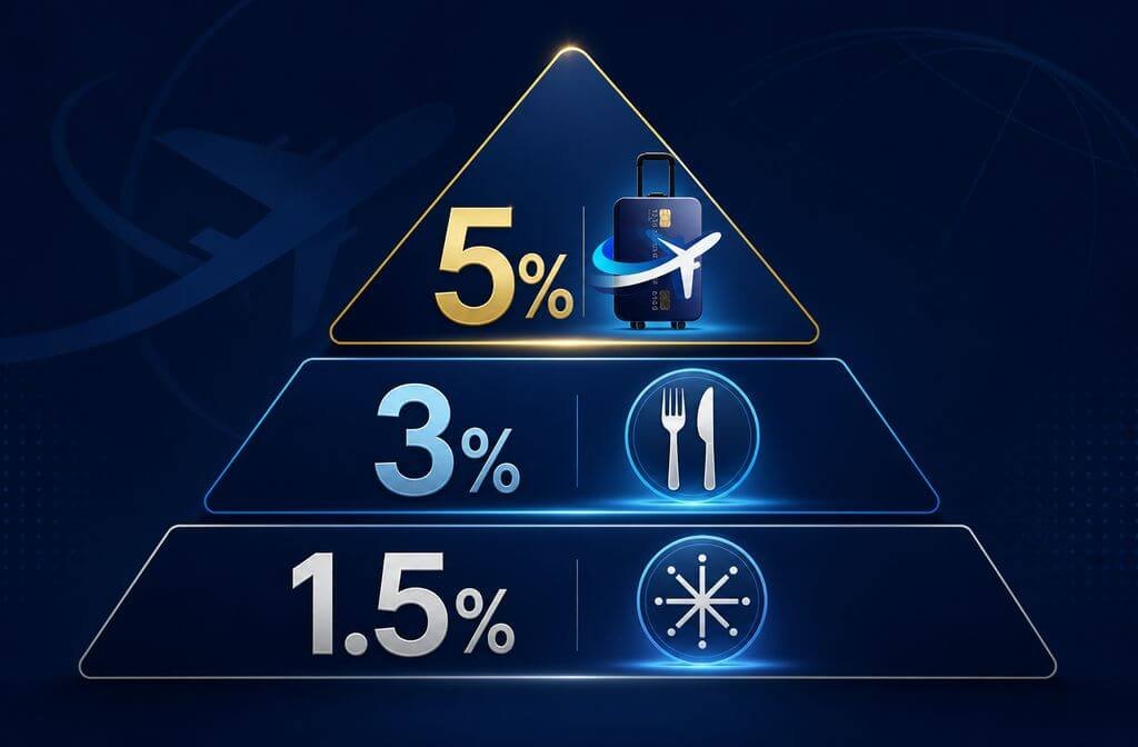 Chase Freedom Unlimited Card Review 2026: Is the No-Annual-Fee Cash Back Worth It? () editorial infographic showing Chase Freedom Unlimited earning rate tiers: 5% Chase Travel portal icon, 3% fork-and-knife